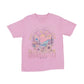 Pink t-shirt with a floral scene graphic design on a white background