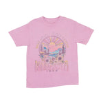 Pink t-shirt with a floral scene graphic design on a white background