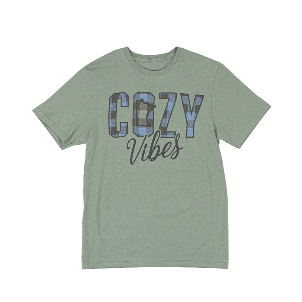 Green t-shirt with 'COZY Vibes' text on a white background