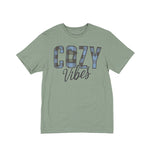 Green t-shirt with 'COZY Vibes' text on a white background