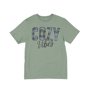 Green t-shirt with 'COZY Vibes' text on a white background