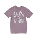 Purple t-shirt with 'Hello Winter' text on a white background