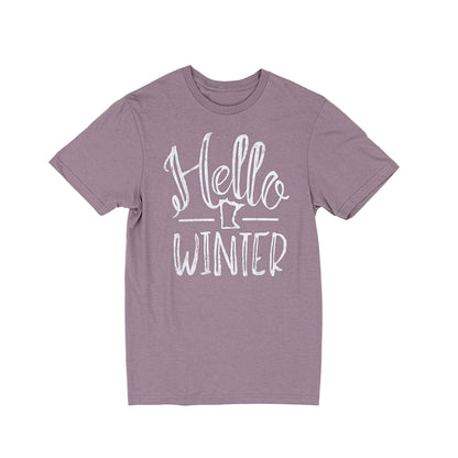 Purple t-shirt with 'Hello Winter' text on a white background