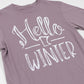 Purple t-shirt with 'Hello Winter' text on a white background