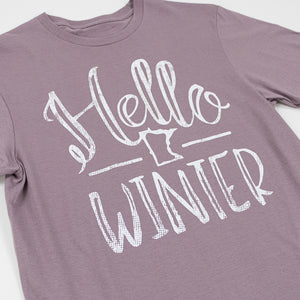 Purple t-shirt with 'Hello Winter' text on a white background