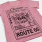 Chambray red t-shirt with Route 66 graphic design on a white background