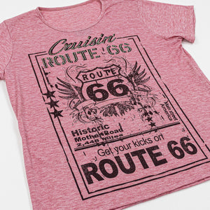 Chambray red t-shirt with Route 66 graphic design on a white background