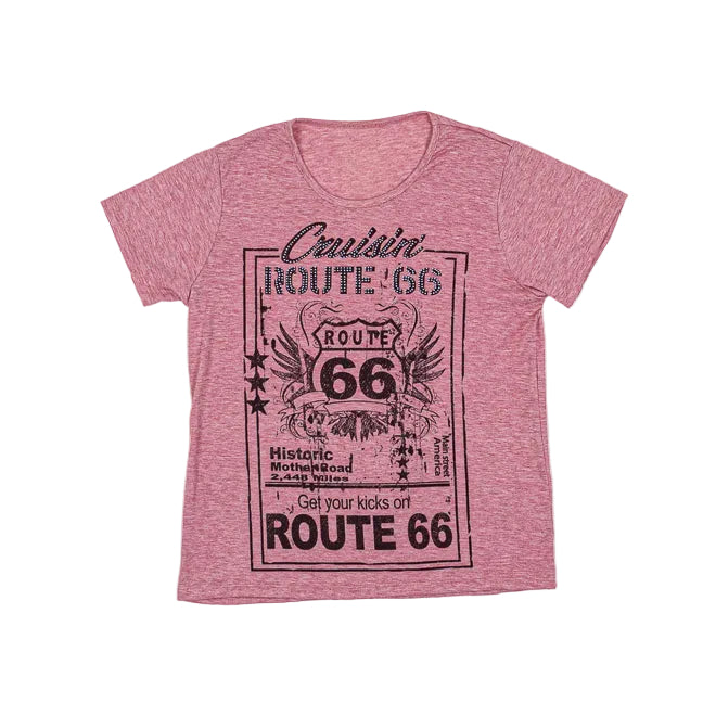Chambray red t-shirt with Route 66 graphic design on a white background