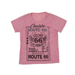 Chambray red t-shirt with Route 66 graphic design on a white background