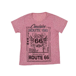 Chambray red t-shirt with Route 66 graphic design on a white background