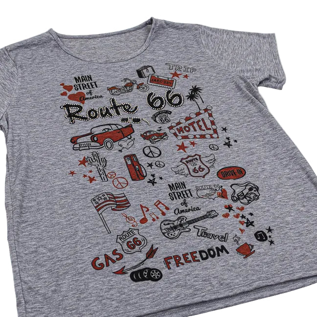 Gray t-shirt with Route 66 graphics on a white background