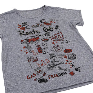 Gray t-shirt with Route 66 graphics on a white background