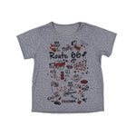 Gray t-shirt with Route 66 graphics on a white background