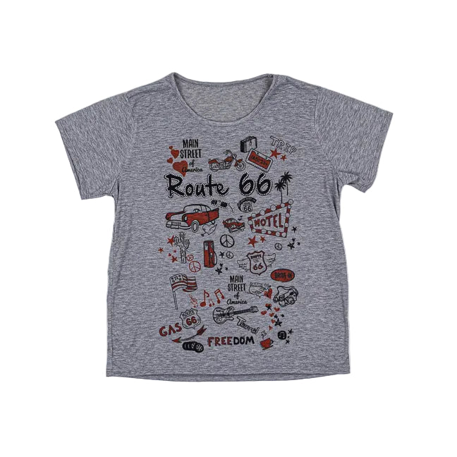 Gray t-shirt with Route 66 graphics on a white background