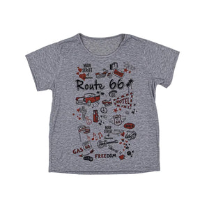 Gray t-shirt with Route 66 graphics on a white background