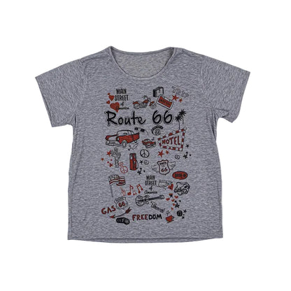 Gray t-shirt with Route 66 graphics on a white background