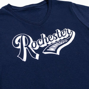 Navy blue t-shirt with white Rochester Minnesota script in an athletic script font against a white background.