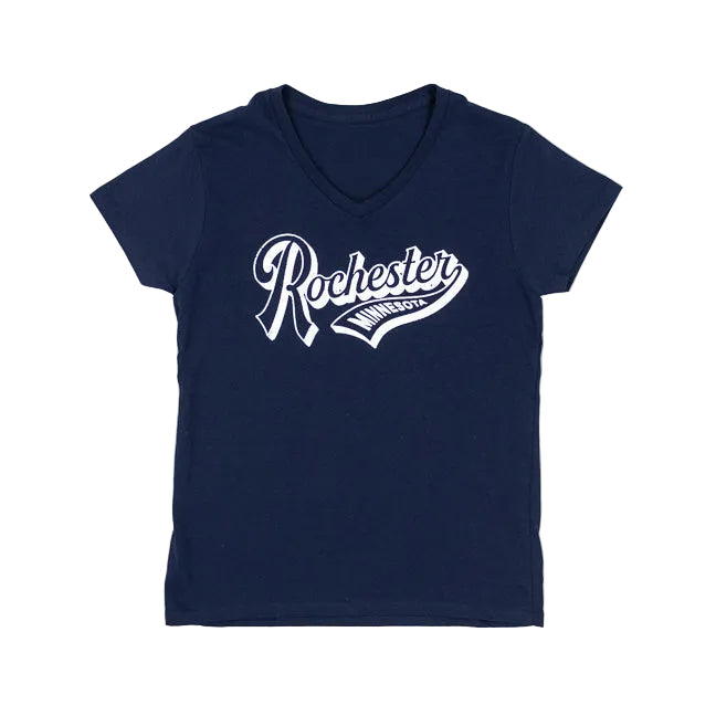 Navy blue t-shirt with white Rochester Minnesota script in an athletic script font against a white background.