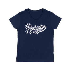 Navy blue t-shirt with white Rochester Minnesota script in an athletic script font against a white background.
