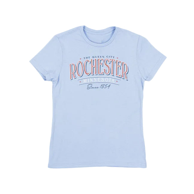 Light blue t-shirt with 'Rochester The Queen City Minnesota Since 1854' text on a white background