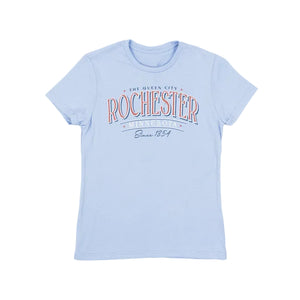 Light blue t-shirt with 'Rochester The Queen City Minnesota Since 1854' text on a white background