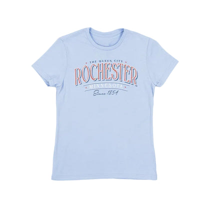 Light blue t-shirt with 'Rochester The Queen City Minnesota Since 1854' text on a white background