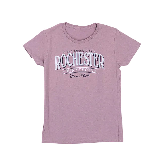 Paragon Pink t-shirt with 'Rochester The Queen City Minnesota Since 1854' text on a white background