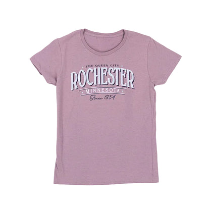 Paragon Pink t-shirt with 'Rochester The Queen City Minnesota Since 1854' text on a white background