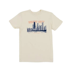 Beige t-shirt with a city skyline graphic and 'Windy City' text on a white background