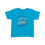 Blue t-shirt with a colorful Minnesota graphic design on a white background
