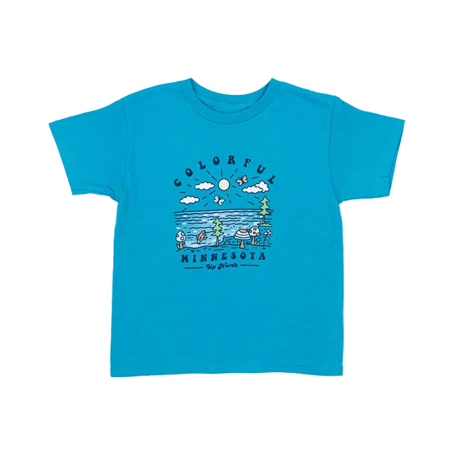 Blue t-shirt with a colorful Minnesota graphic design on a white background
