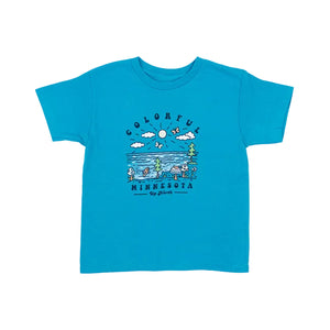 Blue t-shirt with a colorful Minnesota graphic design on a white background