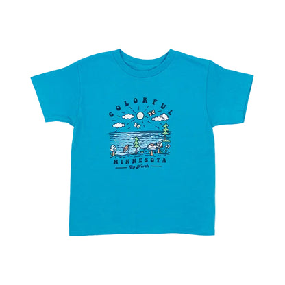 Blue t-shirt with a colorful Minnesota graphic design on a white background