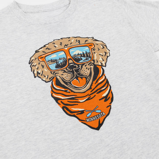 Gray t-shirt with a graphic of a dog wearing sunglasses and a bandana with 'Minnesota' text.