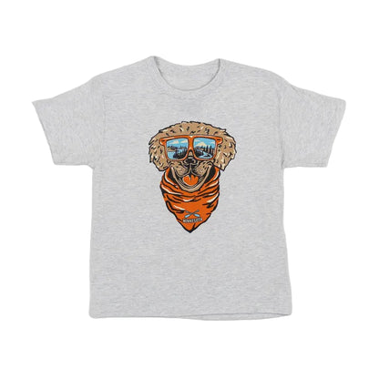 Gray t-shirt with a graphic of a dog wearing sunglasses and a bandana on a white background