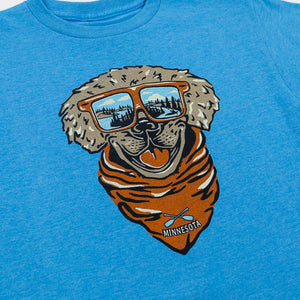 Blue t-shirt with a graphic of a dog wearing sunglasses and a bandana with 'Minnesota' text on a blue background.