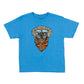 Blue t-shirt with a dg graphic wearing sunglasses and a bandana on a white background