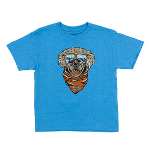 Blue t-shirt with a dg graphic wearing sunglasses and a bandana on a white background