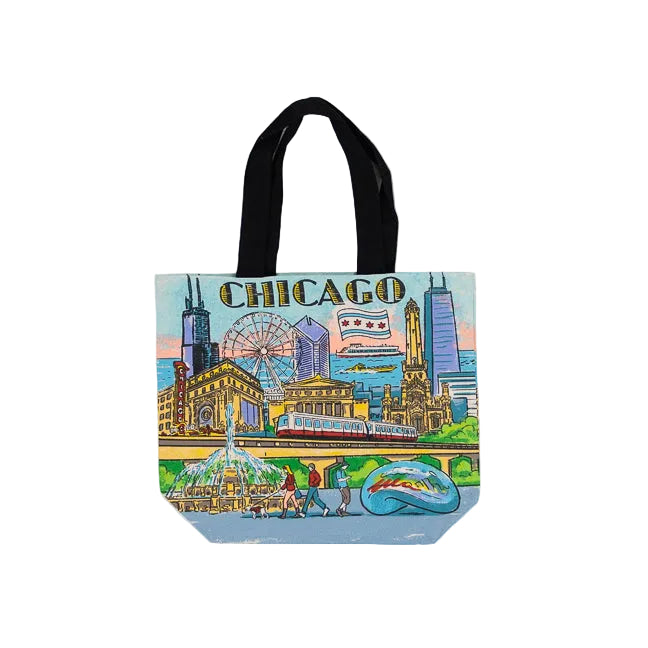 A tote bag featuring a Chicago scene of landmarks against a white background.