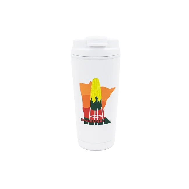 White tumbler with colorful graphic featuring the state of Minnesota and the iconic Rochester ear of corn water tower on a white background