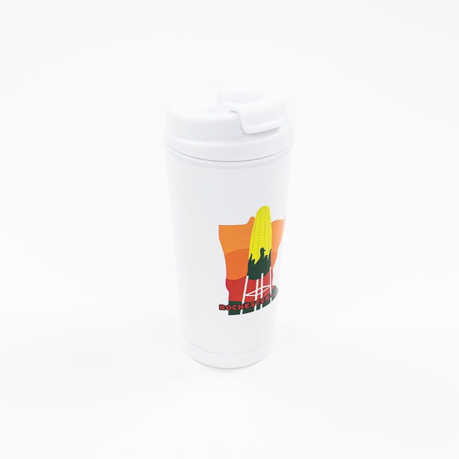 White tumbler with colorful graphic featuring the state of Minnesota and the iconic Rochester ear of corn water tower on a white background