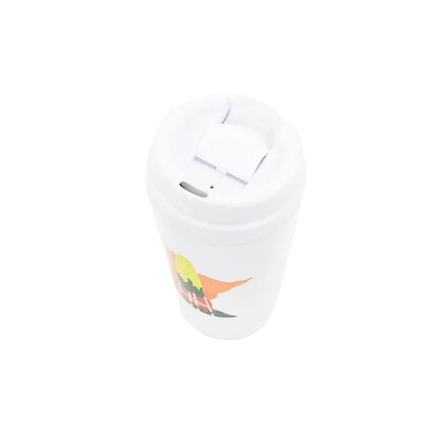 White tumbler with colorful graphic featuring the state of Minnesota and the iconic Rochester ear of corn water tower on a white background