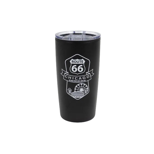 Black tumbler with Route 66 Chicago design on a white background