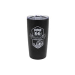 Black tumbler with Route 66 Chicago design on a white background