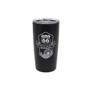 Black tumbler with Route 66 Chicago design on a white background