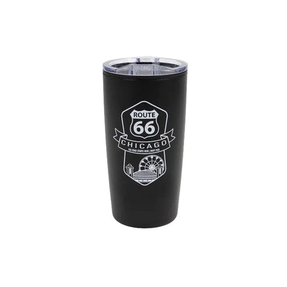 Black tumbler with Route 66 Chicago design on a white background
