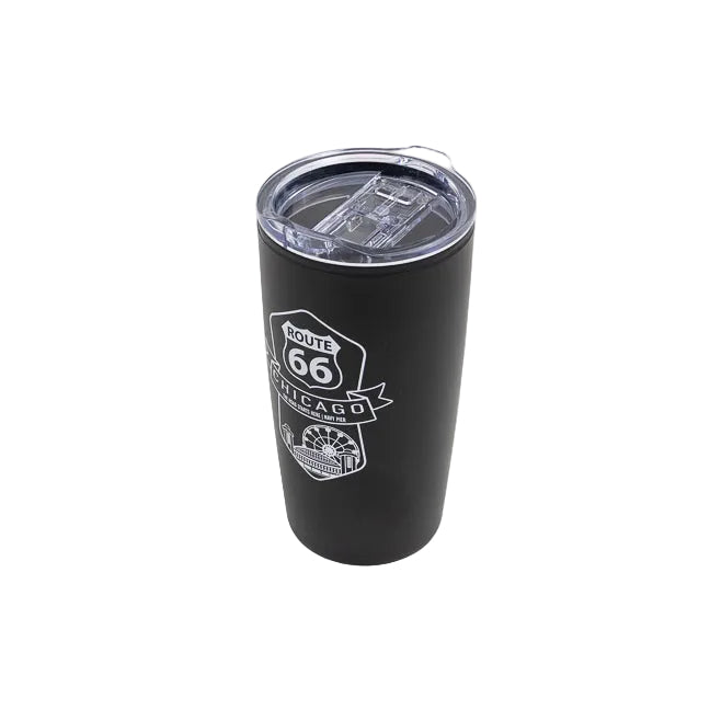 Black tumbler with Route 66 Chicago design on a white background