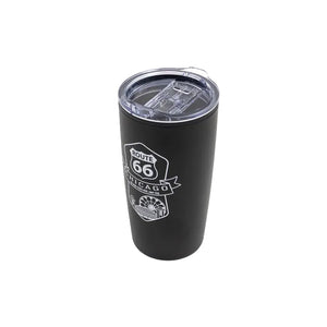Black tumbler with Route 66 Chicago design on a white background