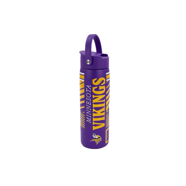 A purple insulated water bottle with a matching purple lid and carry loop, featuring 'MINNESOTA VIKINGS' in yellow and white lettering on the front, set against a plain white background.