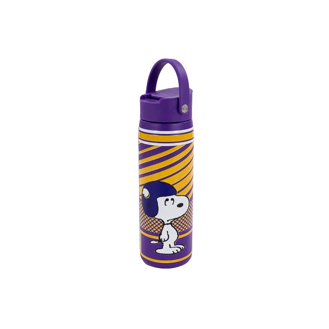 A purple and yellow insulated water bottle featuring a cartoon dog character on the front, with a matching purple carry loop lid, set against a plain white background.